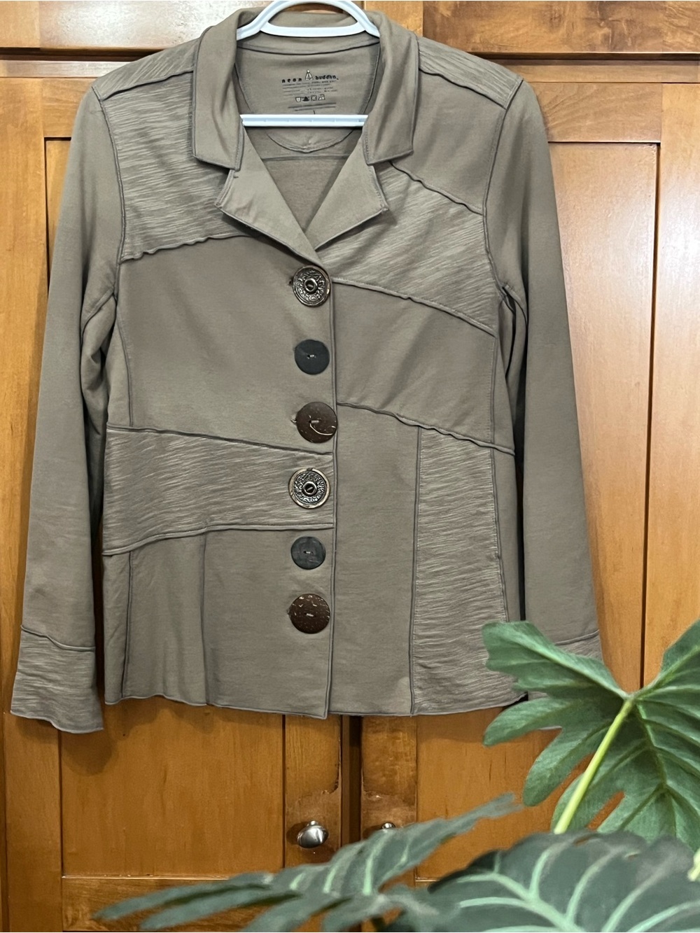Neon Buddha Taupe Button Front Patchwork Sweater Jacket Blazer | Size Small (S)